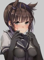 Rule 34 | 10s, 1girl, bad id, bad twitter id, between breasts, black eyes, bodysuit, bodysuit under clothes, breasts, brown hair, crying, crying with eyes open, grey background, hair ribbon, hairband, hatsuzuki (kancolle), kantai collection, looking at viewer, oniku (oishii oniku), ribbon, sailor collar, simple background, skin tight, small breasts, solo, tears, upper body