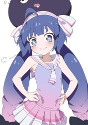 Rule 34 | 1girl, puff of air, bare arms, black bow, blue eyes, blue hair, blunt bangs, blush, bow, commentary, cowboy shot, eel hat, giryu, gradient hair, hair bow, hands on own hips, highres, large hat, long hair, looking at viewer, low twintails, multicolored hair, otomachi una, otomachi una (talkex), pink skirt, pleated skirt, purple hair, purple headwear, purple shirt, sailor collar, saliva, shirt, skirt, sleeveless, sleeveless shirt, smile, solo, sparkling eyes, talkex, twintails, v-shaped eyebrows, very long hair, vocaloid, voiceroid, white background, white sailor collar