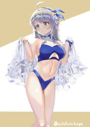 Rule 34 | 1girl, ahoge, bare shoulders, bikini, blue bikini, blue eyes, blush, breasts, cleavage, closed mouth, collarbone, feet out of frame, hairband, highres, kantai collection, long hair, looking at viewer, medium breasts, navel, ochikata kage, silver hair, swimsuit, twitter username, underboob, washington (kancolle)