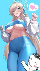 Rule 34 | 1boy, 1girl, :d, absurdres, alternate costume, asuna (blue archive), blonde hair, blue archive, blue background, blue eyes, blush, bow, breasts, cleavage, covered erect nipples, cowboy shot, crop top, doodle sensei (blue archive), groin, hair between eyes, hair over one eye, halo, heart, highres, hugging another&#039;s leg, large breasts, leg grab, light brown hair, long hair, long sleeves, looking at viewer, midriff, open mouth, pants, sensei (blue archive), shiny clothes, shio05 (05 sio), shirt, shrug (clothing), simple background, skin tight, smile, solo focus, spoken heart, sports bra, standing, stomach, thighs, tight clothes, tight pants, underboob, yoga pants