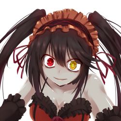 Rule 34 | 10s, 1girl, bad perspective, breasts, brown hair, cleavage, collarbone, date a live, frills, glowing, glowing eyes, hairband, heterochromia, hirokichi shouji, large breasts, lolita fashion, lolita hairband, long hair, open mouth, red eyes, solo, tokisaki kurumi, twintails, white background, yellow eyes