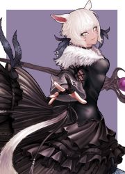 Rule 34 | 1girl, animal ears, black dress, black gloves, black mage (final fantasy), blonde hair, cat ears, cat girl, cat tail, choker, closed mouth, clothing cutout, dress, facial mark, feather hair ornament, feathers, final fantasy, final fantasy xiv, fingernails, frilled dress, frills, from behind, fur collar, gloves, hair ornament, hand up, holding, holding staff, holding wand, hyuu (sing-dog), long dress, long sleeves, looking at viewer, looking back, miqo&#039;te, outstretched arm, outstretched hand, partially fingerless gloves, platinum blonde hair, short hair, slit pupils, solo, spread fingers, staff, tail, tail through clothes, twisted torso, wand, whisker markings, y&#039;shtola rhul