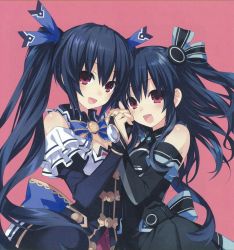 Rule 34 | bare shoulders, black hair, breasts, cleavage, collar, dress, gloves, hair ornament, hairclip, happy, highres, jacket, long hair, medium breasts, neptune (series), noire (neptunia), official art, open mouth, red eyes, ribbon, siblings, sisters, skirt, small breasts, tsunako, tsundere, twintails, two side up, uni (neptunia), yuri