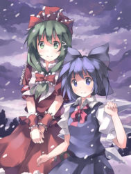 Rule 34 | 2girls, belt, blue dress, blue eyes, blue hair, bow, cirno, dress, frills, front ponytail, green eyes, green hair, hair bow, hair ornament, hair ribbon, hairclip, huanxiang huifeng, ice, ice wings, kagiyama hina, long hair, looking at viewer, multiple girls, nodata, perfect cherry blossom, red dress, ribbon, short hair, sky, smile, snow, snowing, touhou, wings, wrist cuffs