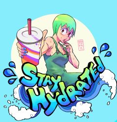 Rule 34 | 1girl, aqua nails, artist name, breasts, brown eyes, cleavage, drink, english text, foo fighters (jojo), green hair, green lips, green overalls, hentiedye, highres, holding, holding drink, jojo no kimyou na bouken, lipstick, makeup, nail polish, overalls, short hair, solo, stone ocean, sweat, sweatdrop