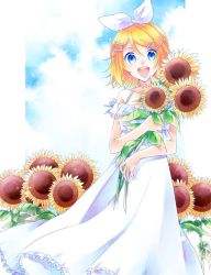 Rule 34 | 1girl, asagi (seal47), blonde hair, blue eyes, bow, commentary, day, dress, feet out of frame, field, flower, flower field, hair bow, hair ornament, hairclip, holding, holding flower, kagamine rin, looking at viewer, open mouth, outdoors, short hair, smile, solo, spaghetti strap, standing, sundress, sunflower, sunflower field, swept bangs, vocaloid, white bow, white dress
