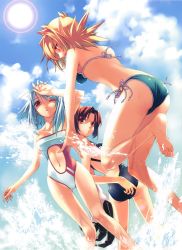 Rule 34 | 3girls, albino, ass, beach, bikini, blonde hair, brown eyes, brown hair, center opening, cloud, day, feet, hirano katsuyuki, hiro (spectral force), lens flare, mayura (spectral force), multiple girls, navel, official art, one eye closed, outdoors, red eyes, roze, roze (spectral souls), short hair, side-tie bikini bottom, sky, spectral (series), spectral force, spectral souls, spectral vs generation, summer, swimsuit, taut clothes, white hair