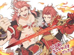 Rule 34 | 2boys, armor, body markings, closed eyes, closed mouth, fire, granblue fantasy, highres, holding, holding sword, holding weapon, jewelry, long hair, male focus, multicolored hair, multiple boys, muscular, muscular male, open mouth, percival (granblue fantasy), post guild war celebration, red armor, red eyes, red hair, ring, short hair, smile, sword, thumbs up, translation request, two-tone hair, weapon, white hair, wilnas (granblue fantasy), yagisnest
