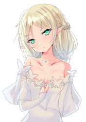 Rule 34 | 1girl, bare shoulders, blonde hair, braid, breasts, closed mouth, collarbone, commentary request, dress, flower, green eyes, hair flower, hair ornament, head tilt, highres, hizaka, isekai ojisan, jewelry, long sleeves, necklace, off-shoulder dress, off shoulder, parted bangs, pointy ears, simple background, sleeves past wrists, small breasts, solo, sui (isekai ojisan), white background, white dress, white flower