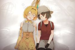 Rule 34 | 10s, 2girls, animal ears, black gloves, blonde hair, blush, breasts, brown hair, bubble, cat ears, closed eyes, collarbone, cowboy shot, elbow gloves, fuu fuu, gloves, grey shorts, hat, holding hands, kaban (kemono friends), kemono friends, leaning on person, medium breasts, multiple girls, open mouth, pantyhose, red shirt, serval (kemono friends), shirt, short hair, short sleeves, shorts, sitting, skirt, sleeping, sleeping upright, sleeveless, smile