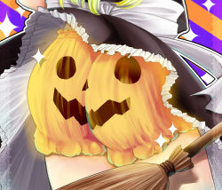 Rule 34 | 1girl, ass, ass focus, black skirt, blonde hair, bloomers, border, bow, broom, close-up, clothes lift, frills, from behind, halloween, halloween costume, jack-o&#039;-lantern, jii baa, kirisame marisa, lace, lace border, ornate border, skirt, skirt lift, skirt set, solo, sparkle, striped, striped background, touhou, underwear, upskirt, white bow