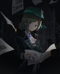 Rule 34 | 1girl, ascot, black coat, black hat, boater hat, closed mouth, coat, commentary, danraz0r, english commentary, green eyes, green hair, hair bun, hat, highres, holding, holding newspaper, looking at viewer, newspaper, purple brooch, reverse:1999, single side bun, solo, swept bangs, vertin (reverse:1999), white ascot