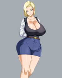 Rule 34 | 1girl, android 18, arms behind back, blonde hair, blue eyes, breasts, cleavage, covered erect nipples, dragon ball, highres, huge breasts, looking at viewer, pinkpawg, solo, tagme