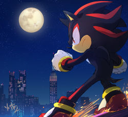 Rule 34 | 1boy, animal nose, bad id, bad pixiv id, city, clenched hands, closed mouth, from side, full moon, furry, furry male, gloves, male focus, moon, msg01, night, night sky, rail silding, red eyes, serious, shadow the hedgehog, sky, solo, sonic (series), sonic adventure 2, sonic the hedgehog, sparks, star (sky), starry sky, urban, white gloves