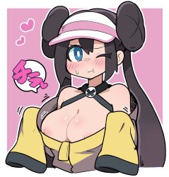 Rule 34 | 1girl, ;t, absurdres, alternate breast size, aqua eyes, bare shoulders, baseball cap, black choker, black jacket, blush, breasts, brown hair, chest harness, choker, cleavage, closed mouth, cosplay, creatures (company), cropped torso, double bun, doughnut hair bun, game freak, hair bun, harness, hat, heart, highres, iono (pokemon), iono (pokemon) (cosplay), jacket, large breasts, long sleeves, looking at viewer, multicolored clothes, multicolored jacket, nintendo, nipples, one eye closed, outside border, oversized clothes, pink background, pokemon, pokemon bw2, pokemon sv, pout, rosa (pokemon), sleeves past fingers, sleeves past wrists, solo, speech bubble, sweatdrop, twintails, two-tone jacket, upper body, very long sleeves, white-stew, white hat, x, yellow jacket