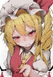 Rule 34 | 1girl, absurdres, ascot, blonde hair, blush, closed mouth, collared shirt, flandre scarlet, hat, hat ribbon, highres, long hair, looking at viewer, medium hair, mob cap, one side up, red eyes, red skirt, red vest, ribbon, shirt, short sleeves, skirt, solo, touhou, tsune (tune), vest, white hat, white shirt, yellow ascot
