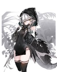 Rule 34 | 1girl, absurdres, ahoge, arknights, black shirt, black thighhighs, breasts, covered navel, cowboy shot, crocodilian tail, cropped legs, fingerless gloves, foliage, gloves, goggles, goggles around neck, hands up, happitan no kona, highres, hood, hood up, monochrome background, pointy ears, shirt, skindentation, small breasts, solo, tail, thighhighs, thighs, tomimi (arknights), torn clothes, torn thighhighs, white hair, yellow eyes