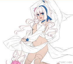 1girl :d aer_(tengqiu) blue_eyes blue_hairband breasts dancer dark-skinned_female dark_skin flower hair_flower hair_ornament hair_ribbon hairband long_hair looking_at_viewer low-braided_long_hair low-tied_long_hair open_mouth pink_flower ribbon simple_background smile solo south_dakota_(warship_girls_r) upper_body virtual_youtuber warship_girls_r wavy_hair white_background white_hair