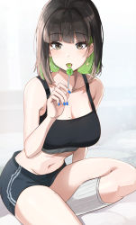 Rule 34 | 1girl, absurdres, blush, breasts, brown eyes, brown hair, candy, cleavage, collarbone, colored inner hair, commentary, earrings, english commentary, food, green hair, highres, holding, holding candy, holding food, holding lollipop, jewelry, kneehighs, large breasts, licking, lollipop, looking at viewer, midriff, miru (ormille), mole, mole on breast, mole on thigh, mole under eye, multicolored hair, navel, open mouth, original, ormille, short hair, short shorts, shorts, sitting, socks, solo, sports bra, stomach, thighs, two-tone hair