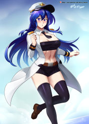 Rule 34 | 1girl, absurdres, artist name, belt, belt buckle, blue hair, blush, breasts, buckle, cleavage, collarbone, feet out of frame, hair between eyes, hat, highres, long hair, long sleeves, looking at viewer, medium breasts, midriff, miniskirt, navel, necktie, open clothes, open mouth, open shirt, original, patreon username, purple eyes, shirt, shoes, skirt, solo, stomach, strapless, thighhighs, tube top, vilde loh hocen, watermark, web address