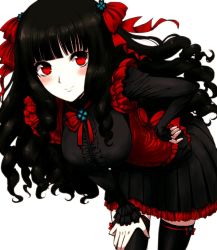 Rule 34 | 10s, 1girl, black hair, blunt bangs, blush, drill hair, frilled skirt, frills, gothic lolita, hair ribbon, hand on own hip, hand on own thigh, hand on thigh, kuroba ayako, leaning forward, lolita fashion, long hair, looking at viewer, mahouka koukou no rettousei, red eyes, ribbon, sbs, simple background, skirt, smile, solo, thighhighs, white background, zettai ryouiki