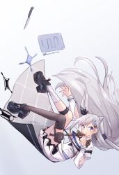 Rule 34 | 1girl, asymmetrical legwear, belt, black thighhighs, blue hair, cone hair bun, dress, earrings, falling, finger to mouth, hair bun, highres, holoh3ro, hololive, hololive indonesia, jewelry, knife, limebarrel, looking at viewer, pleated skirt, pouch, shoes, skirt, smile, solo, thigh strap, thighhighs, vestia zeta, virtual youtuber, white dress, white hair, white thighhighs