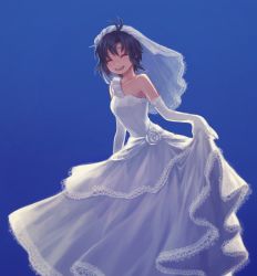 Rule 34 | 1girl, :d, ^ ^, antenna hair, bare shoulders, black hair, blue background, blush, breasts, bridal veil, closed eyes, dress, elbow gloves, facing viewer, gloves, happy, highres, idolmaster, idolmaster (classic), kikuchi makoto, long dress, naname (fossama1), open mouth, short hair, simple background, small breasts, smile, solo, standing, teeth, upper teeth only, veil, wedding dress, white dress, white gloves