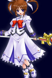 Rule 34 | 00s, 1girl, :d, ankle boots, blue eyes, blush, boots, bow, bowtie, brown hair, fingerless gloves, gao (artist), gao (naodayo), gem, gloves, highres, long sleeves, looking at viewer, lyrical nanoha, magical girl, mahou shoujo lyrical nanoha, mahou shoujo lyrical nanoha a&#039;s, open mouth, raising heart, raising heart (accel mode), red bow, red bowtie, rod, smile, solo, staff, standing, takamachi nanoha, takamachi nanoha (sacred mode), twintails, uniform
