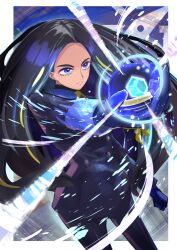 Rule 34 | 1girl, black hair, black jacket, black pants, blue eyes, blue gloves, buttons, commentary request, creatures (company), double-breasted, eyelashes, game freak, geeta (pokemon), gloves, highres, holding tera orb, jacket, long hair, long sleeves, maato tac, neck ribbon, nintendo, pants, parted lips, pokemon, pokemon sv, ribbon, solo, tera orb, yellow ribbon