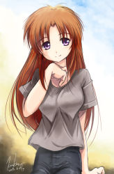 Rule 34 | 1girl, blush, brown hair, gradient background, hand on own chest, highres, kem kem, long hair, looking at viewer, md5 mismatch, original, purple eyes, smile, solo