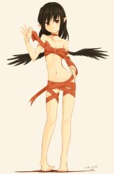 Rule 34 | 1girl, barefoot, black hair, choker, collarbone, dated, female focus, full body, kawashina (momen silicon), long hair, looking at viewer, naked ribbon, navel, pointy ears, red eyes, ribbon, shameimaru aya, simple background, smile, solo, touhou, wings