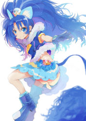 Rule 34 | 10s, 1girl, animal ears, blue bow, blue eyes, blue footwear, blue gloves, blue hair, blue neckwear, blue shirt, blue skirt, blue thighhighs, bow, choker, closed mouth, cropped legs, crown, cure gelato, earrings, extra ears, gloves, hashibuto, jewelry, kirakira precure a la mode, layered skirt, lion ears, lion tail, long hair, looking at viewer, magical girl, mini crown, precure, shirt, shoes, simple background, single thighhigh, skirt, smile, solo, tail, tategami aoi, thighhighs, white background, white skirt