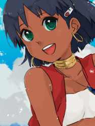 Rule 34 | 1girl, breasts, cloud, commentary request, dark-skinned female, dark skin, earrings, fushigi no umi no nadia, green eyes, hair ornament, hairclip, jewelry, kamoi hayato, looking at viewer, nadia la arwall, neck ring, necklace, open mouth, purple hair, short hair, smile, solo, strapless, tube top, vest