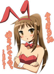 Rule 34 | 00s, 1girl, animal ears, blush, bow, bowtie, brown eyes, brown hair, crossed arms, detached collar, fake animal ears, genderswap, genderswap (mtf), junako, kyonko, leotard, playboy bunny, ponytail, rabbit ears, red bow, red bowtie, solo, suzumiya haruhi no yuuutsu, translation request, wrist cuffs