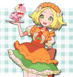 Rule 34 | 1girl, alternate costume, apron, bianca (pokemon), blonde hair, blush stickers, bow, buttons, creatures (company), cup, dessert, eneko (olavcnkrpucl16a), eyelashes, food, frilled skirt, frills, game freak, green eyes, green skirt, hair bow, hand up, headdress, highres, holding, nintendo, open mouth, orange apron, plaid, plaid background, pokemon, pokemon bw, puffy sleeves, shirt, short hair, short sleeves, skirt, solo, teacup, teeth, tie clip, upper teeth only, white shirt