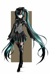 Rule 34 | bad id, bad pixiv id, blue eyes, boots, detached sleeves, gloves, green hair, hat, hatsune miku, lipstick, long hair, makeup, skirt, solo, thigh boots, thighhighs, tokitaka (amaterath), very long hair, vocaloid