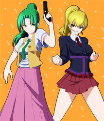 Rule 34 | 2girls, akimichi, blonde hair, clenched hands, company connection, creator connection, crossover, green hair, green necktie, gun, higurashi no naku koro ni, in-franchise crossover, multiple girls, necktie, ponytail, red necktie, skirt, sonozaki mion, trait connection, umineko no naku koro ni, ushiromiya jessica, vest, weapon