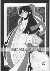Rule 34 | 1girl, artist request, ass, backboob, breasts, covering privates, covering ass, hair ribbon, highres, huge ass, large breasts, legs, looking at viewer, looking back, monochrome, nakoruru, nude, ribbon, samurai spirits, smile, snk, solo, thighs