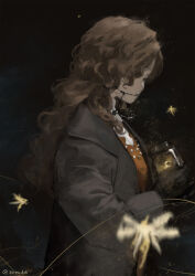 Rule 34 | 1girl, artist name, black background, black gloves, braces, brown coat, brown eyes, brown hair, coat, curly hair, fairy, from side, gloves, highres, holding, holding jar, jar, jewelry, light particles, long hair, long sleeves, necklace, profile, reverse:1999, shirt, signature, solo, tooth fairy (reverse:1999), tooth necklace, upper body, white shirt, zeradok