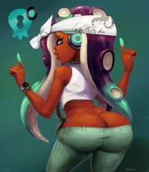 Rule 34 | 1girl, aqua eyes, aqua hair, aqua nails, ass, bandana, bare shoulders, butt crack, commentary, crop top, dark-skinned female, dark skin, from behind, gradient hair, headphones, highres, hip focus, index finger raised, jewelry, looking back, marina (splatoon), mole, mole under mouth, multicolored hair, nail polish, necklace, nintendo, octoling, outta sync, pants, parted lips, purple hair, sleeveless, solo, splatoon (series), splatoon 2, splatoon 2: octo expansion, standing, tentacle hair, two-tone hair, watch