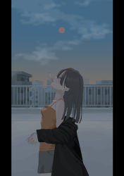 Rule 34 | 1girl, absurdres, bare shoulders, black hair, blue sky, breasts, camisole, cigarette, commentary request, full moon, highres, jacket, letterboxed, looking up, moon, off shoulder, oissu tiwassu, orange eyes, original, outdoors, sky, smoke, solo