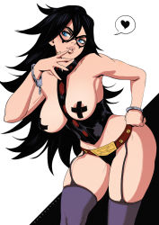 Rule 34 | 10s, 1girl, areola slip, artist name, belt, belt buckle, black background, black hair, blue eyes, blush, boku no hero academia, breasts, broken handcuffs, buckle, commentary, covered erect nipples, cross pasties, cuffs, dandon fuga, domino mask, garter straps, gold trim, hand on own hip, hand up, handcuffs, happy, heart, large breasts, leaning forward, long hair, looking to the side, mask, midnight (boku no hero academia), mole, mole under eye, panties, parted lips, partially undressed, pasties, smile, solo, speech bubble, spiked hair, spoken heart, standing, tape, tape on nipples, teeth, thighhighs, underwear, very long hair, white background
