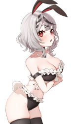 Rule 34 | 1girl, ahoge, animal ears, ass, bare shoulders, black hair, blush, braid, breasts, cleavage, fang, hair ornament, highres, hololive, large breasts, looking at viewer, multicolored hair, omaru (0marufestival), open mouth, rabbit ears, rabbit tail, red eyes, sakamata chloe, short hair, silver hair, simple background, streaked hair, tail, thighhighs, thighs, torn clothes, torn legwear, virtual youtuber, white background, x hair ornament