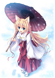 Rule 34 | 1girl, animal ears, blonde hair, blue eyes, detached sleeves, fang, fox ears, fox tail, hand on thigh, highres, japanese clothes, leaning forward, long hair, miko, oil-paper umbrella, open mouth, original, parasol, smile, snow, solo, tabi, tail, tateha (marvelous grace), umbrella, very long hair