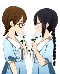 Rule 34 | 2girls, bad id, bad pixiv id, bespectacled, black hair, blue dress, braid, brown eyes, brown hair, dress, eye contact, flower, from side, glasses, hirasawa yui, k-on!, k-on! movie, long hair, looking at another, multiple girls, nakano azusa, official style, ragho no erika, rose, short hair, short sleeves, simple background, singing! (k-on!), twin braids, white background, white flower, white rose