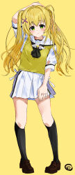Rule 34 | 1girl, absurdres, arm above head, arm at side, arm up, ascot, black ascot, black socks, blonde hair, blush, brown footwear, commentary, eyelashes, eyes visible through hair, floating hair, full body, green eyes, hair between eyes, hair intakes, hair ornament, highres, kneehighs, loafers, long hair, looking at viewer, miniskirt, open mouth, puffy short sleeves, puffy sleeves, sailor collar, school uniform, shirt, shoes, short sleeves, sidelocks, signature, simple background, skirt, smile, socks, solo, standing, summer pockets, sweater vest, tareme, tsumugi wenders, twintails, white sailor collar, white shirt, white skirt, x hair ornament, yellow background, yellow sweater vest, zenoo