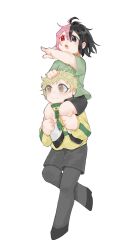 Rule 34 | 2boys, ahoge, black eyes, black footwear, black hair, black pantyhose, black shorts, blonde hair, brown eyes, carrying, chinese commentary, commentary request, earclip, fang, green shirt, green trim, haruno shion, heterochromia, highres, jacket, long sleeves, luwuyuan853, male focus, multicolored hair, multiple boys, nanami izu, pantyhose, pantyhose under shorts, piggyback, pink hair, pointing, red eyes, saibou shinkyoku, shirt, short hair, short sleeves, shorts, simple background, skin fang, smile, socks, split-color hair, t-shirt, transparent background, two-tone hair, white socks, yellow jacket