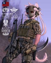 Rule 34 | 1girl, ahoge, animal ear fluff, animal ears, assault rifle, belt, blurry, blurry background, brown gloves, bulletproof vest, camouflage, camouflage jacket, camouflage pants, chinese text, commentary request, contrapposto, dutch angle, fang zhenjun, gloves, glowing, glowing eyes, gun, headphones, holding, holding gun, holding knife, holding weapon, jacket, knee pads, knife, long hair, looking at viewer, mask, microphone, military, original, pants, photo background, pouch, red eyes, republic of china flag, rifle, short sleeves, soldier, solo, tactical clothes, tail, taiwan, thigh pouch, translation request, trigger discipline, two side up, walkie-talkie, weapon, white hair, white tail, xt-107
