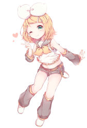 Rule 34 | 1girl, bare shoulders, belt, black collar, black shorts, black sleeves, blonde hair, bow, collar, commentary, crop top, detached sleeves, full body, green eyes, hair bow, hair ornament, hairclip, hand up, heart, highres, kagamine rin, leaning forward, leg warmers, looking at viewer, nail polish, neckerchief, one eye closed, sailor collar, sazanami (ripple1996), school uniform, shirt, short hair, short shorts, shorts, smile, solo, standing, swept bangs, treble clef, v, vocaloid, white background, white bow, white shirt, yellow nails, yellow neckerchief