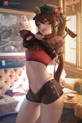 Rule 34 | 1girl, :p, absurdres, blush, brown hair, chinese clothes, clothes lift, couch, g-string, genshin impact, hat, highres, hu tao (genshin impact), indoors, lifted by self, long sleeves, looking at viewer, melowh, midriff, naughty face, navel, red eyes, shirt lift, short shorts, shorts, smile, solo, standing, stomach, symbol-shaped pupils, thighs, thong, tongue, tongue out, top hat, twintails, undressing, window
